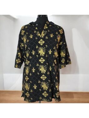 Vintage Avirex Black and Metallic Gold Baroque Polo Fleur-de-Lis - Size XL